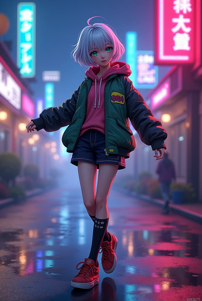 anime style, young adult woman, with one blue eye and one green eye, short white hair.
Bella, wears hip-hop clothes.
is dancing.
at night with neon colored details.