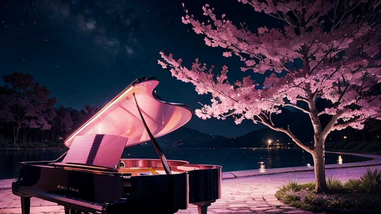 Pink Hair。Playing the grand piano。Moonlight。Enchanted。stylish place。