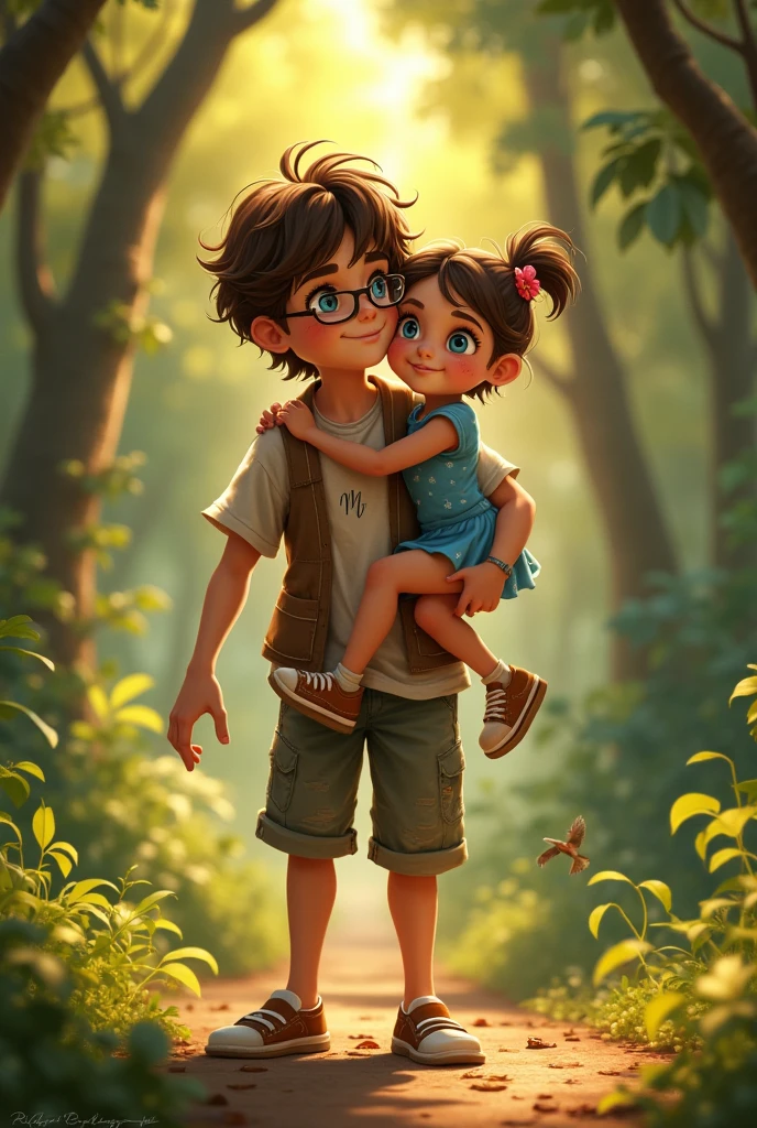 Description: Cielo, with a determined expression, insists that Ángel carry her home. Ángel, smiling,  (they still at forest)
Ángel: A 9-year-old small boy human with brown, slightly wavy, and messy hair. He wears glasses that frame his bright blue eyes. He is dressed in casual clothes with scratches and bruises on his arms and legs, showing his adventurous nature.
Cielo: A 4-year-old girl human with short brown hair that reaches just above her ears. She has a small pink flower in her hair. She wears a blue dress with tiny white floral