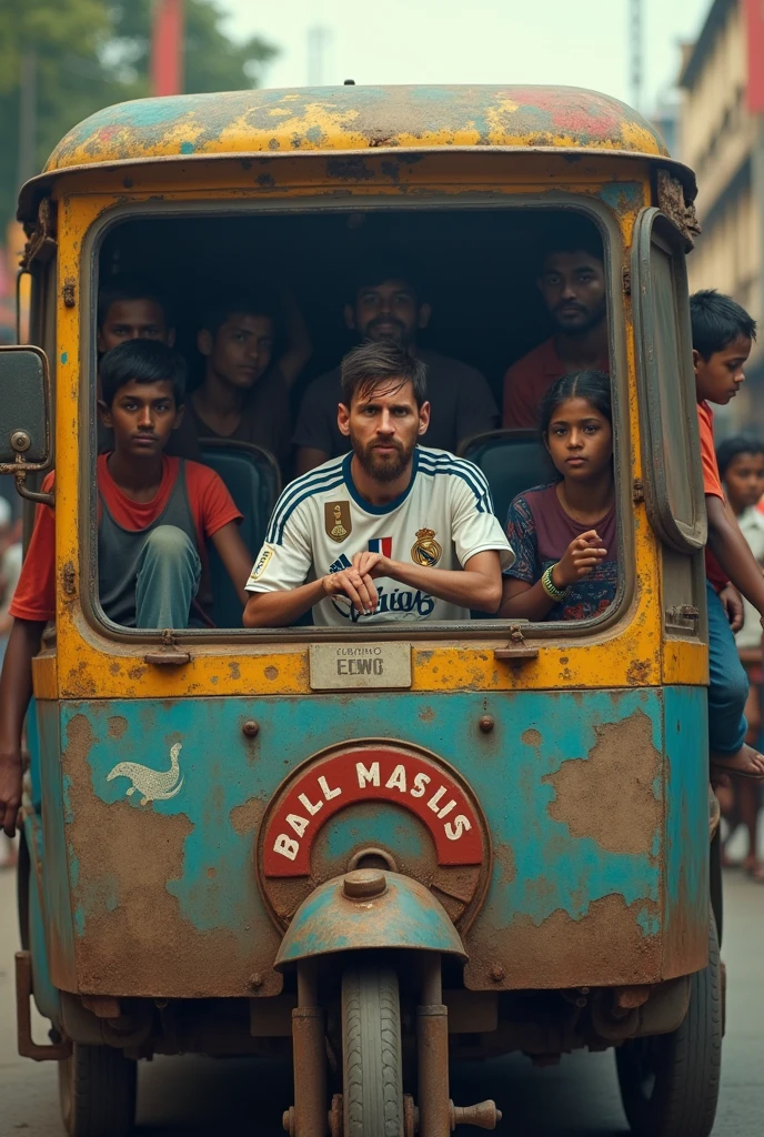 Messi as an indian poor bus driver wearing real Madrid jurcy driving the bus