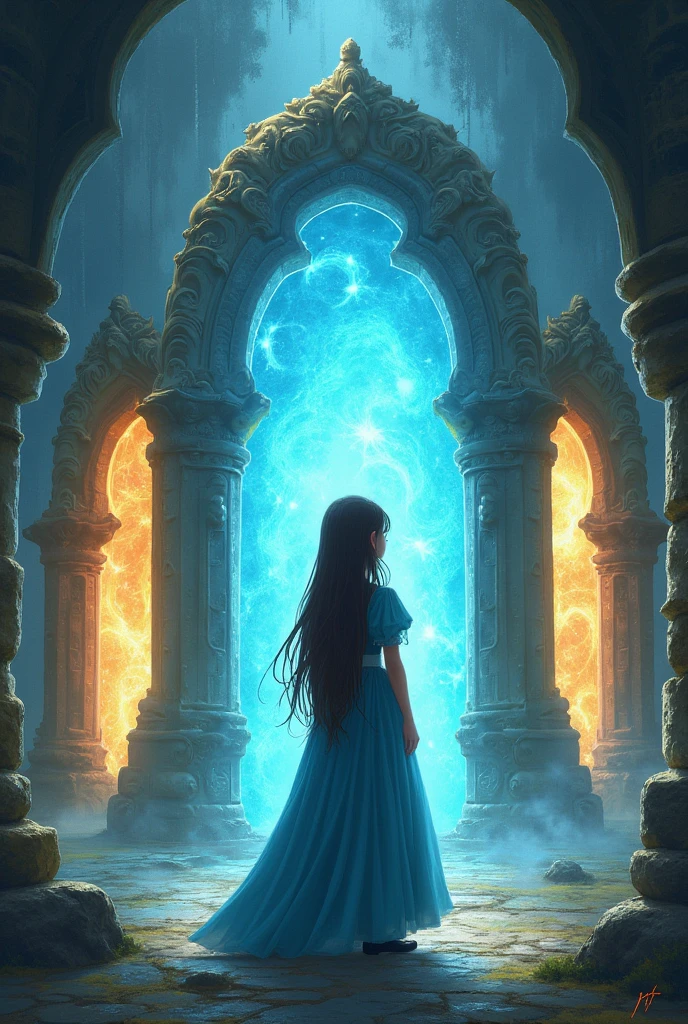 (Photodibujoanimado:2.3) A girl in a blue medieval dress and long hair in front of several portals that take you to fantasy places 