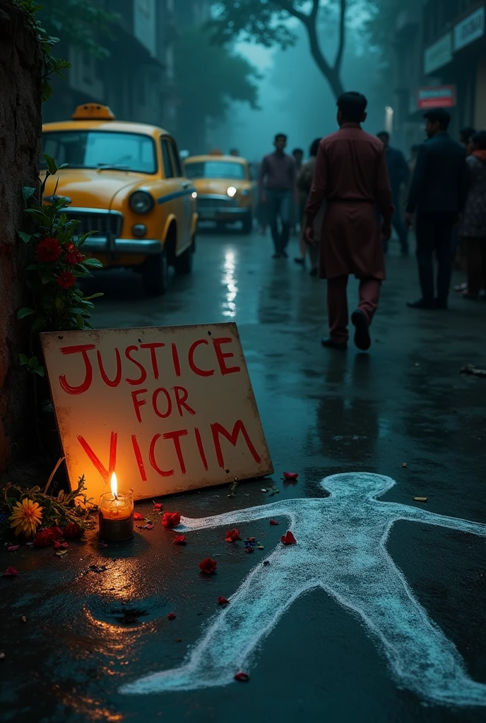 "Create a somber and intense scene depicting a Kolkata murder case. The setting is a dimly lit street corner in Kolkata, with the iconic yellow taxis and old buildings in the background. In the center, a chalk outline of a body is visible on the wet pavement, surrounded by police tape and a few scattered evidence markers. A small crowd has gathered, their faces etched with concern and fear. In the foreground, a handmade sign reads 'Justice for Victim' in bold red letters, placed next to a flickering candle and a few scattered flowers, symbolizing a growing demand for justice. The atmosphere should be heavy with tension, with an air of unresolved mystery and the quest for truth."