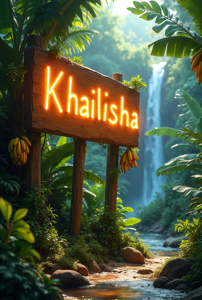 Write Khailisha gril on the big sinebord in the bush with some bananas growing on the side . And the water flowing