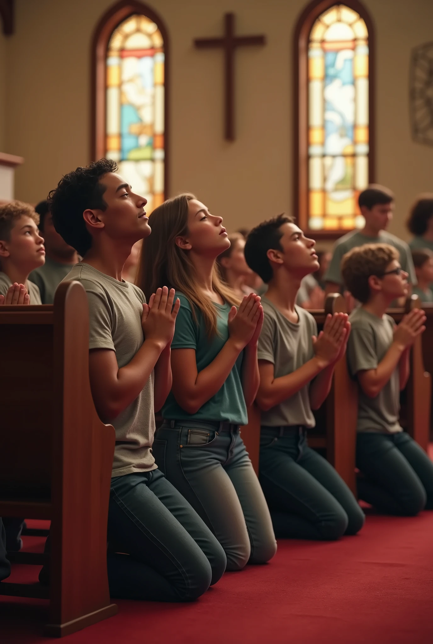 Young people on their knees praying in an evangelical church