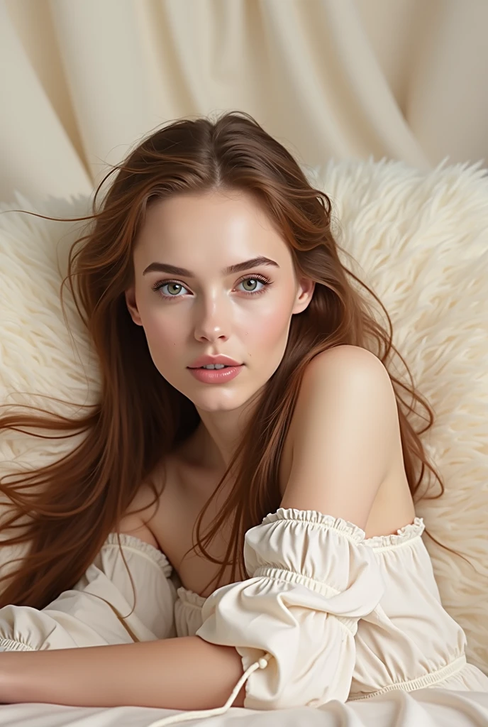 Photographie d’une femme en tenue légère allongée sur un lit. 
