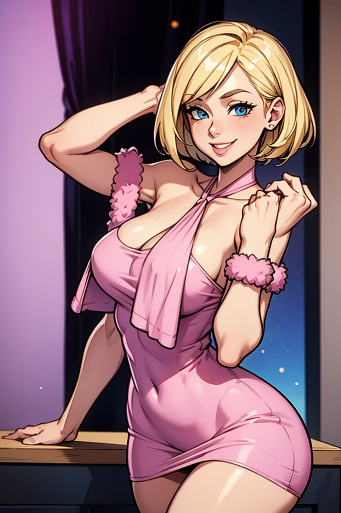 Blonde girl with short hair, blue eyes, smiling in party pose, wearing a short and tight pink mini dress, Neckline dress , and showing her thighs, wearing A pink And big fur stole draped over the shoulders And on the back