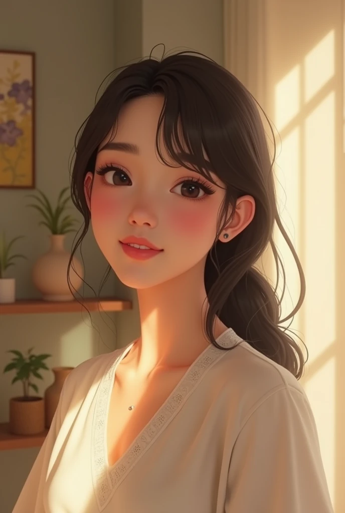mid-shot, clean and pure teenage girl in late teens, gentle, smiling, beautiful room background, soft lighting, warm and serene atmosphere, sense of kindness