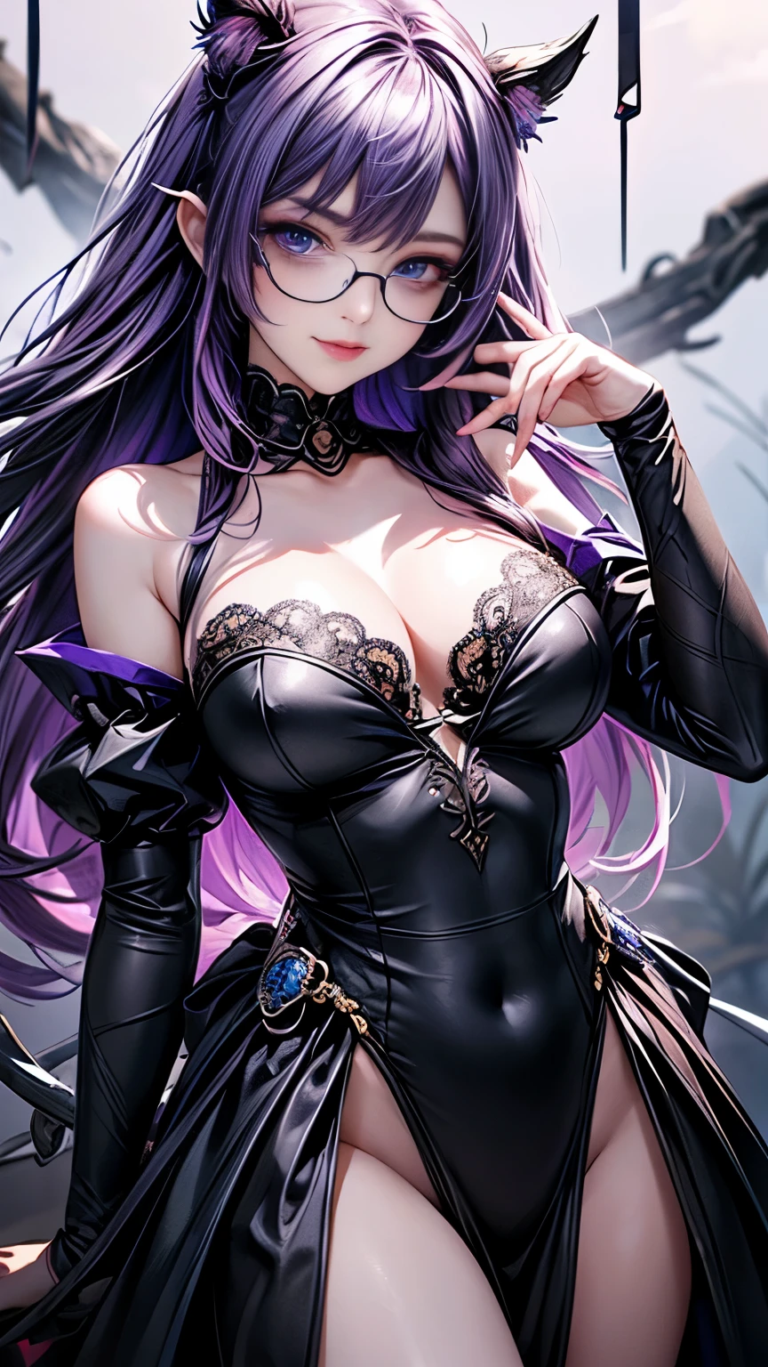 (Highest quality detail)、Realistic、8k Ultra HD、High resolution、(One Woman),(Fatal Beauty,attractive) ,(Glasses、Mysterious charm:1.1),(Big Breasts、Attractive silhouette),Ultra-detailed、High quality textures、Intricate details、Highly detailed CG、High quality shadows、Beautiful and delicate face、Beautiful and delicate eyes、Written boundary depth、Ray Tracing、20th Generation、Cute K-Pop Girls、(The Face of Ulzan in Korea)、Thin face、(URZAN-6500-v1.1:0.6)、PurerosFace_v1、Glowing Eyes、Perfect body、 Viewer Display、(Highest quality detail:1.2)、8k Ultra HD、Close-up of a woman， Realistic rendering, attractive, Real Girls, Gurwitz, role play, Realistic 3D style,  8K Portrait Rendering,（truth，truth：1.4），(Sparkling eyes girl:1.2)、cheek、Glossy Lips、Best image quality,  8k Ultra HD Full Color RAW Photos, Fujifilm(Medium format), hasselblad, Carl Zeiss, Incredible dynamic range photography(utility_art：Smooth-768:1.1),High resolution, High pixel count, Clear details, Clear images, Natural color reproduction, Noise Reduction, High fidelity, quality, Software Improvements, Upscaling, Optimized Algorithms, Professional-level retouching, 強力なスーパーevil femaleがクローズアップでポーズをとる, Black Goddess 、(Expose your shoulders), Flowing purple hair, View your audience, Highly detailed face,  Blue smoke swirling around her, Love evil things, Captivating blue eyes, Dark fantasy,  Esoteric arachnids lady, Spider Queen,  Esoteric arachnids, Combat Stance,  Sharp fangs, nature, ((Complex metallic colors in the foreground)), (( Fluid Mechanics, The most beautiful smooth scale face makeup, Smirking expression)) 、Dark blood, Onyxia、Beautiful young witch, purple hair, dark purple lips, evil, evil female, smile, Black Prom Dress, She is coming to you, Bright Blue Eyes, Surrounded by swirling pink smoke, Blood Chain, Behemoth Bones, Snake-like tentacles, Cruel Teeth, Expressions of madness, Oppressive Dungeon、 Grotesque shadows dance, The creature whispers, Stifling atmosphere, Vision problems, Visible Madness. Blade, A flash of evil intent shines, reflect (Light) Beyond the Darkness, 