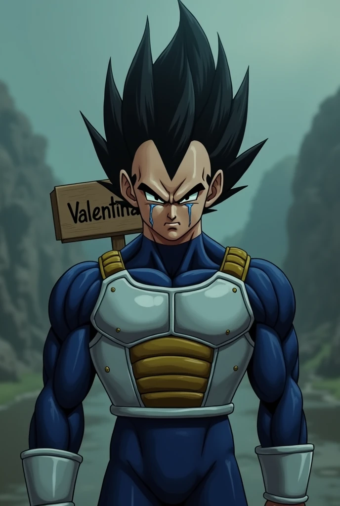 Vegeta crying , very sad and hurt with a sign behind him that says Valentina