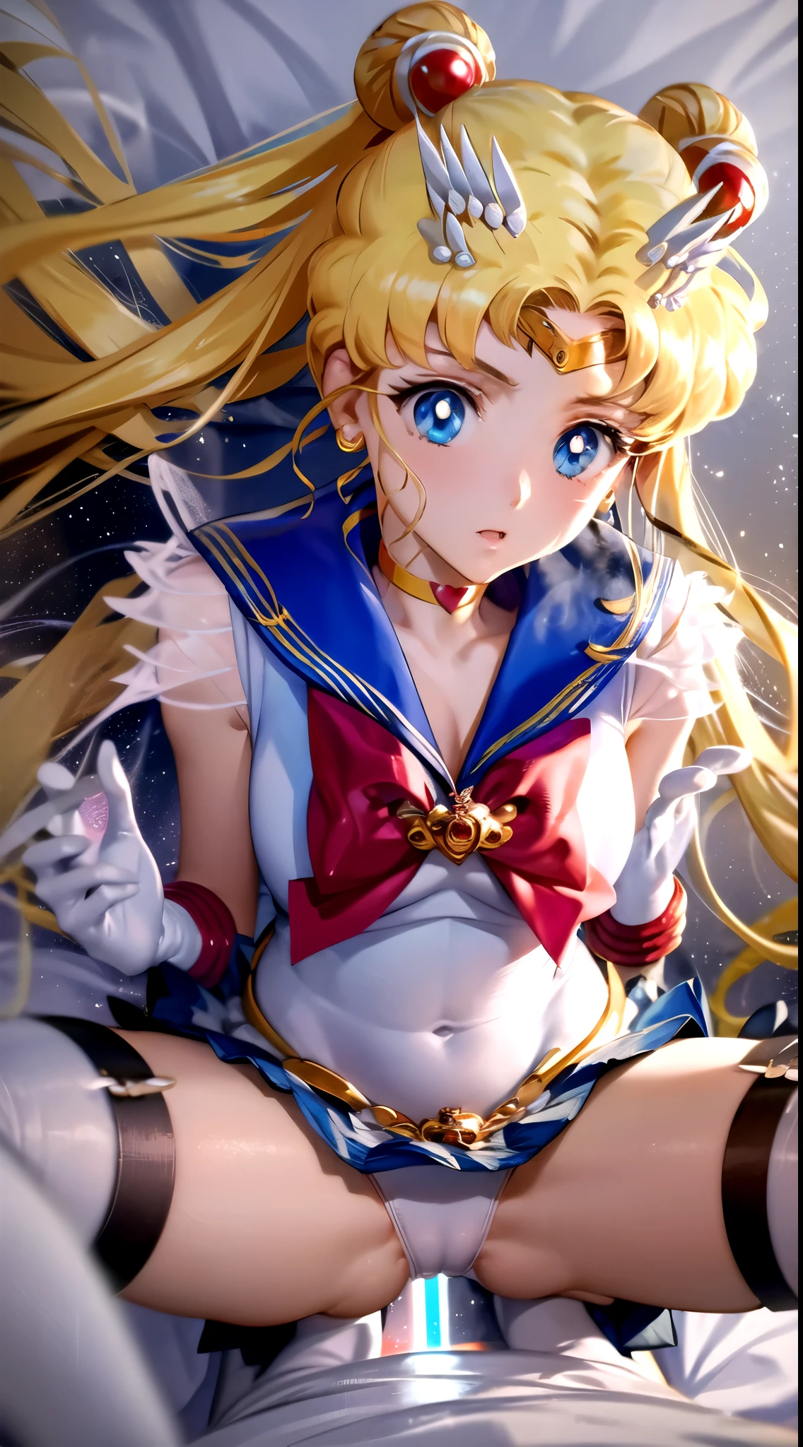 ((((Angle view from under the skirt, ))),masterpiece, Highest quality, (1 person), (Sailor Moon R),(Super Sailor Moon), (Detailed face), Face Focus, White wall, (on bed), Bright room, Embarrassed expression, White gloves, Detailed eyes, Detailed face, (Love Hotel), Highest quality, High resolution, (Fine and beautiful eyes: 1.3), highly Detailed face, Detailed CG, (Perfect hands, Perfect Anatomy), (Inverted skirt 1.3), (Detailed Panties 1.3), bed, (White panties: 1.3), (Frilled Panties: 1.3), (Squat: 1.3), (Spread your legs: 1.3)