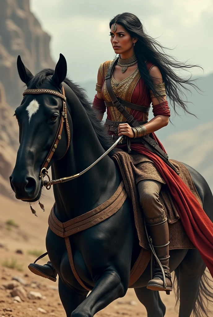Female rajput warrior, in black horse his hand a katana and enime