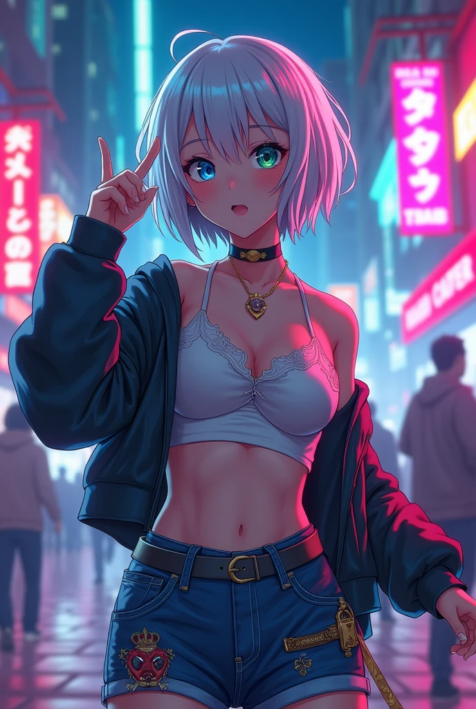 anime style, young adult woman, with one blue eye and one green eye, short white hair.
Bella, wears rapper clothes.
is dancing.
 at night with neon colored details.