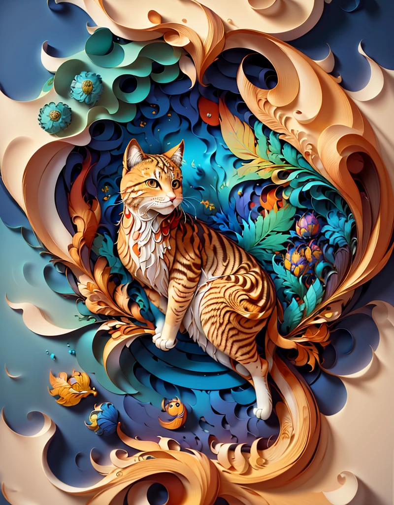 (((masterpiece))),Best quality at best, illustration, Detailed intricate pattern of quilled paper, color full oil painting, a cat.