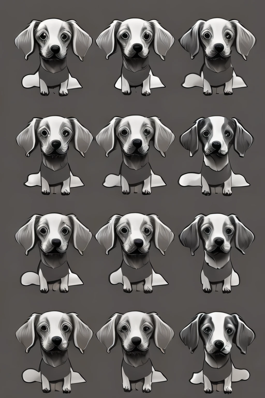 monochrome / cute / simple / Anime Lineart / Manga-li / dogs in 9 diverse poses and expressive facial expressions / Miniature Dachshund / fluffy head / large, dark eyes / floppy ears, and a short, stout body