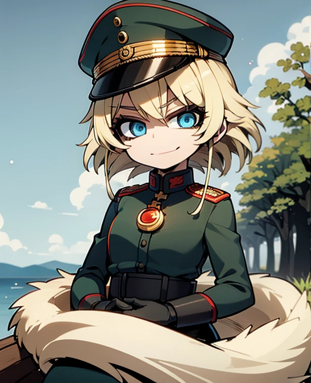 Superior quality, Masterpiece, ultra high resolution, image of a 1 blonde girl with short hair and blue eyes wearing a green Soviet military uniform with a Soviet military cap she is in a snowy field smiling sadistically 