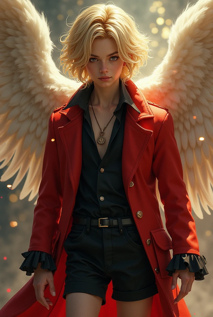 Black eyed boy,golden hair, com  de ideda, Black short shorts, red tailcoat, rosto angelical 