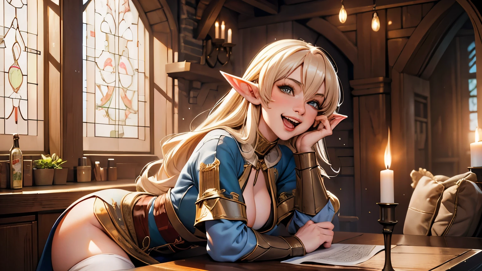 (sexy) 1 horny adult elf archer, with long hair, dressed in medieval clothing, excited state, Mouth slightly open, slight smile, Erotic fighting pose in the middle of a room with medieval interiors and decor., looking at the viewer. photorealistic, luz outfit, General detail: 1.5