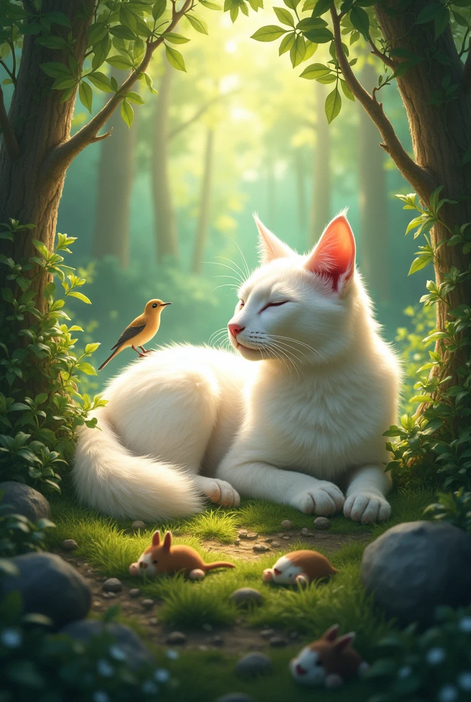 Seraphina's Legend**:
- **Prompt**: "A serene and peaceful scene of the white cat, Seraphina, resting in the revitalized forest, surrounded by grateful forest creatures. The atmosphere is calm and triumphant, showing her as a revered hero."