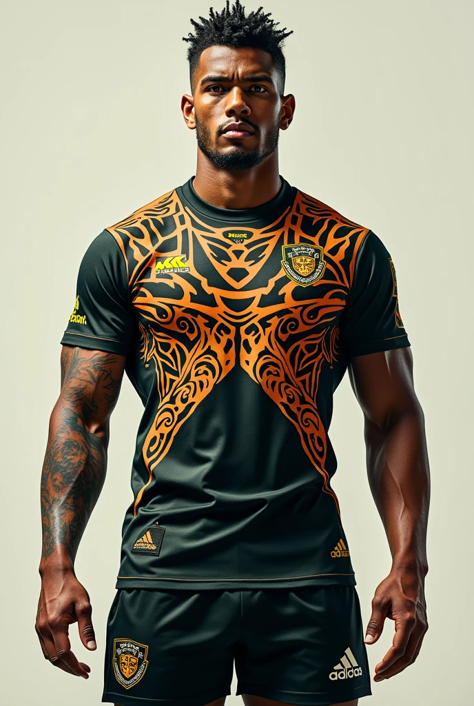 Create a New Zealand-style cheetah-inspired rugby uniform with green, white, orange and black colors