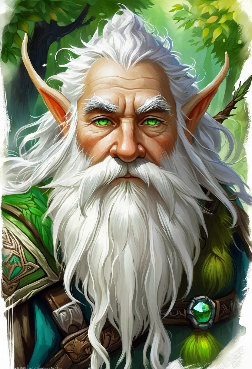 a painting of a man with a white beard and green eyes, dwarf with white hair, gnome druid, a druid, relaxed dwarf with white hair, druid portrait, portrait of a gnome called eldon, nature druid, an oldman, druid, wise old man, painted portrait of rugged odin, bushy white beard, world of warcraft elven druid, long white beard