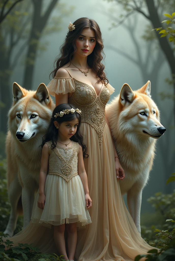 Woman with elegant dress, brown hair and brown eyes next to her young daughter with black hair and green eyes next to them three wolves 