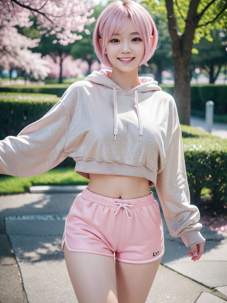 best quality, 8k, very delicate and beautiful, highly detailed face and skin texture, shiny skin, high resolution, cute pink short hair japanese girl in cropped hoodie and tight short pants smile and walking in a park, sharp focus