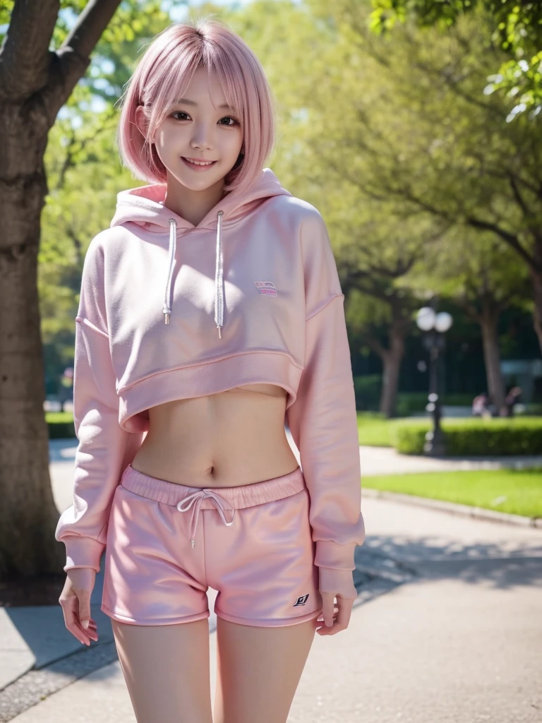 best quality, 8k, very delicate and beautiful, highly detailed face and skin texture, shiny skin, high resolution, cute pink short hair japanese girl in cropped hoodie and tight short pants smile and walking in a park, sharp focus