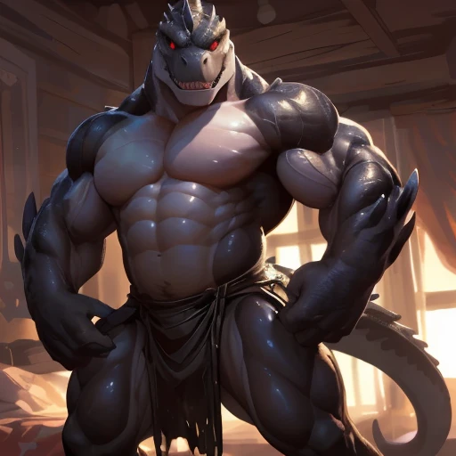 solo, anthro, furry male, ultra details, T-Rex, ((ultra detailed muscles)), (T-Rex print), black scales, white belly, black spiny scales, bedroom, standing up, muscle pose, front double biceps pose, bodyguard outfit, black claws, red eyes, slit eyes, slim fit, muscular slim, menacing, handsome , raging, angry, flirt, ultra detailed slit eyes, pecs, hind leg, tail, looking at viewer, (Masterpiece, by null-ghost, ultra hi-res, 8k), naked torso , black loincloth, oil stain, front pov,