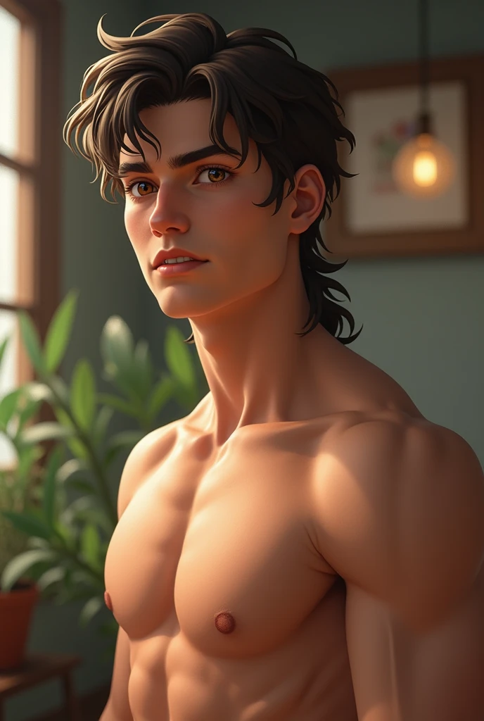 (photorealism:1.2) An athletic boy, handsome, His physique is slim and toned,He is sexy and a good person, Her hair is wavy mullet style with a gradient on the sides, Her skin is white, Her eyes are brown and she has eyelashes that highlight her eyes., his jaw is marked,His nose matches his face, Her lips are light pink, Your teeth are perfect