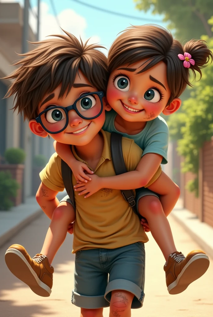 Description: Ángel is carrying Cielo on his back as they walk home. Both are smiling, but exhaustion is beginning to show on Ángel.
Ángel: A 9-year-old small boy human with brown, slightly wavy, and messy hair. He wears glasses that frame his bright blue eyes. He is dressed in casual clothes with scratches and bruises on his arms and legs, showing his adventurous nature.
Cielo: A  human with short brown hair that reaches just above her ears. She has a small pink flower in her hair. She wears a blue dress with tiny white floral