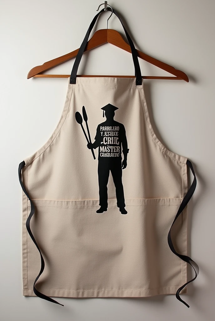personalized kitchen apron with the phrase Parrillero y Licenciado and a silhouette of a graduated person with grill tongs in hand