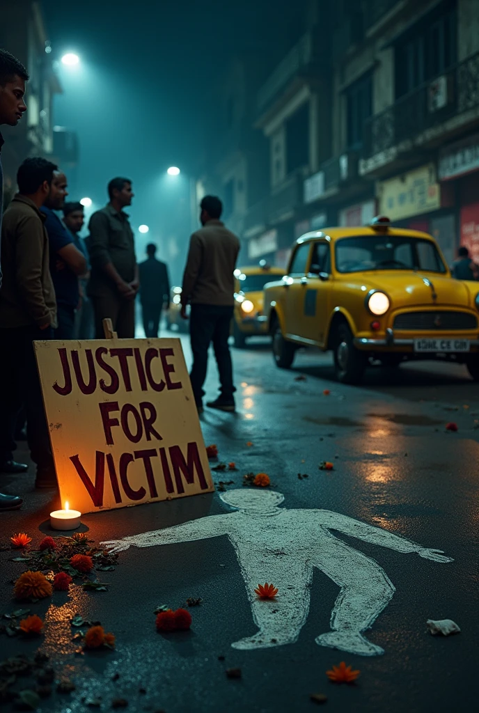 "Create a somber and intense scene depicting a Kolkata murder case. The setting is a dimly lit street corner in Kolkata, with the iconic yellow taxis and old buildings in the background. In the center, a chalk outline of a body is visible on the wet pavement, surrounded by police tape and a few scattered evidence markers. A small crowd has gathered, their faces etched with concern and fear. In the foreground, a handmade sign reads 'Justice for Victim' in bold red letters, placed next to a flickering candle and a few scattered flowers, symbolizing a growing demand for justice. The atmosphere should be heavy with tension, with an air of unresolved mystery and the quest for truth."