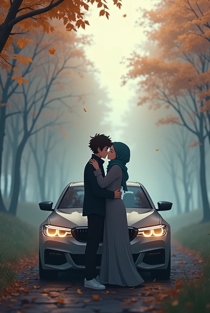 Anime Muslim boy and hijabi girl  infront of a bmw  car and kissing . foggy climate autom in a village forest area