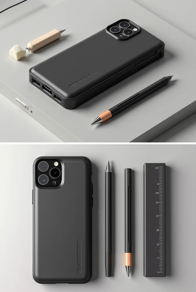 A phone case that can hold a pen, eraser, ruler.  A pencil can come out.