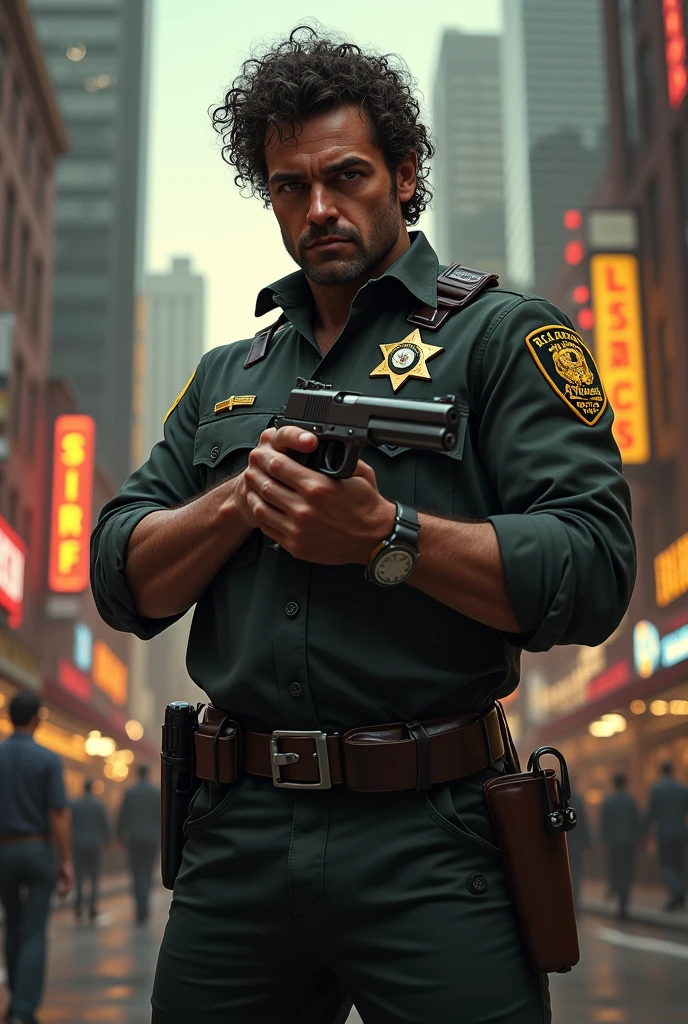 sheriff of los angeles, curly hair (man) uses a gun