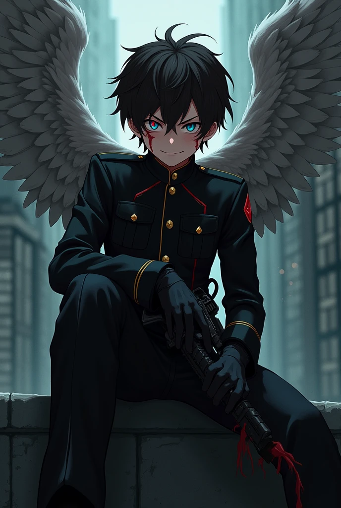 A 16 year old boy, dressed like a soldier but in a black uniform, with a soldier's weapon, with dark brown hair and dark blue eyes, look and smiling expression a little psychopathic, with blood stains on the face, with black gloves, anime style, He looks slightly annoyed but smiles with an air of superiority and his face is slightly shadowed., her pupils of eyes like red diamonds, Anime style the boy, that is in a dark, with angel wings, black tennis shoes with white, sitting on a stone wall with one leg down and the other raised
