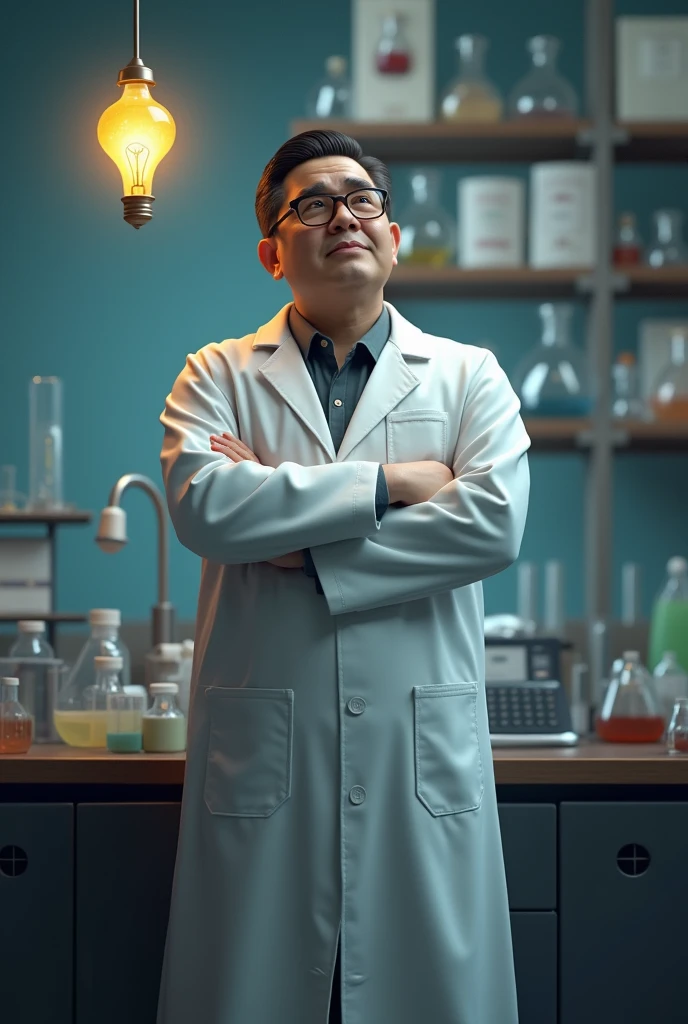 (3D character), a 55 year old white man who is OVERWEIGHT, with black round glasses, black hair and flattened hairstyle, and dressed in a science lab coat, that an idea occurs to him (light bulb)