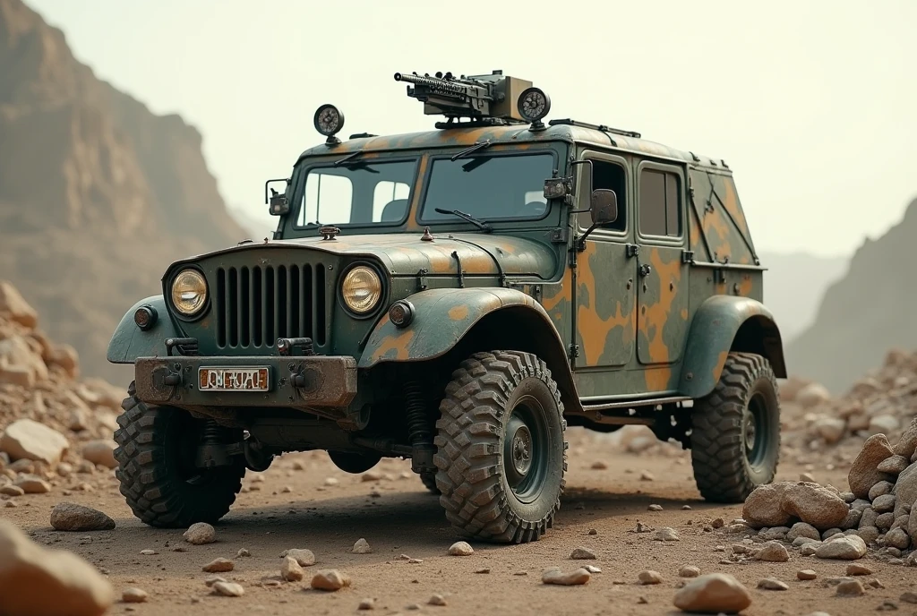 Cyberpunk Lancia vintage armored tuk-tuk、Shallow depth of field、(masterpiece:1.3) (最high quality:1.2) (high quality:1.1)、Cinematic Light, ((Cinema Lighting),(Natural light),(High level of artistry),(artistic),(Indistinguishable quality from the real thing),RAW Photos,Genuine,Genuine,High resolution,RAW Photos,masterpiece, beautiful,a hatch on the roof and a machine gun mounted on the roof.Heavily armed, Taliban, Armed guerrillas, Heavy Armor, Military Vehicles, Military weapons, Military equipment, truck, Camouflage,Rocky area