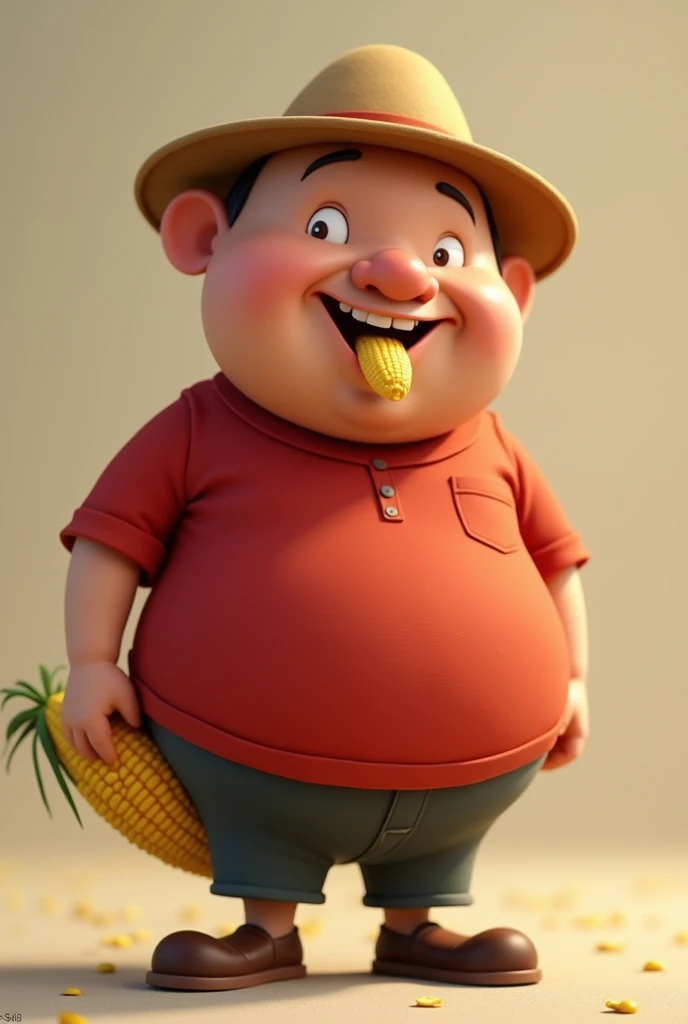 Cartoon character of a man and red shirt, an animated character, bald northeastern, with couscous in the mao, without hair, round hat from the northeast, fatter, face down with corn on the cob in the lower back