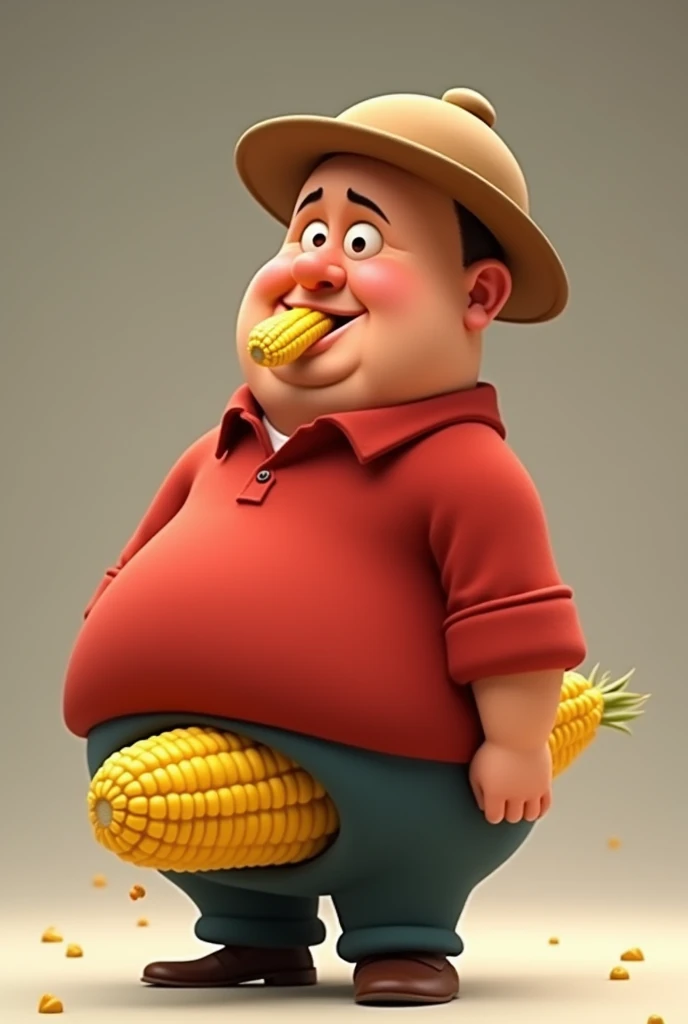 Cartoon character of a man and red shirt, an animated character, bald northeastern, with couscous in the mao, without hair, round hat from the northeast, fatter, face down with corn on the cob in the lower back