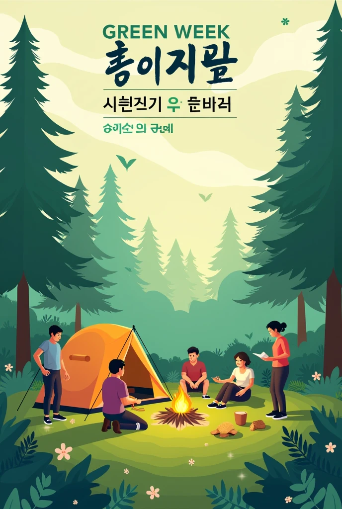 Create a contemporary poster design combining protected forest planting and camping activities, with the title GREEN WEEK & FOREST CAMP 2024
