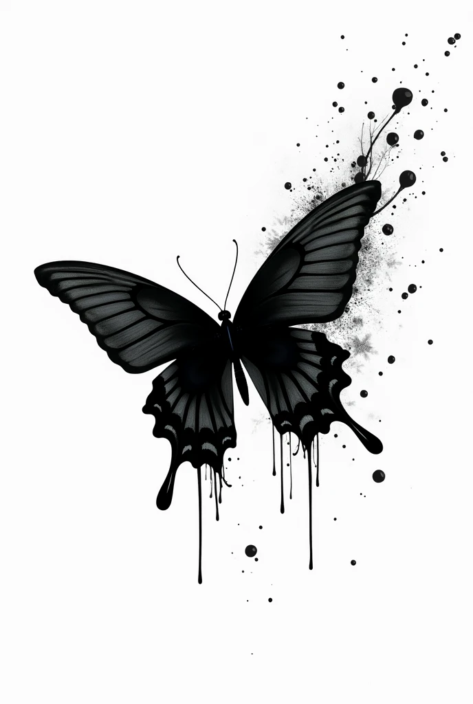 a flying black butterfly in white background along with black blood. whole picture is artistic style in a forest.