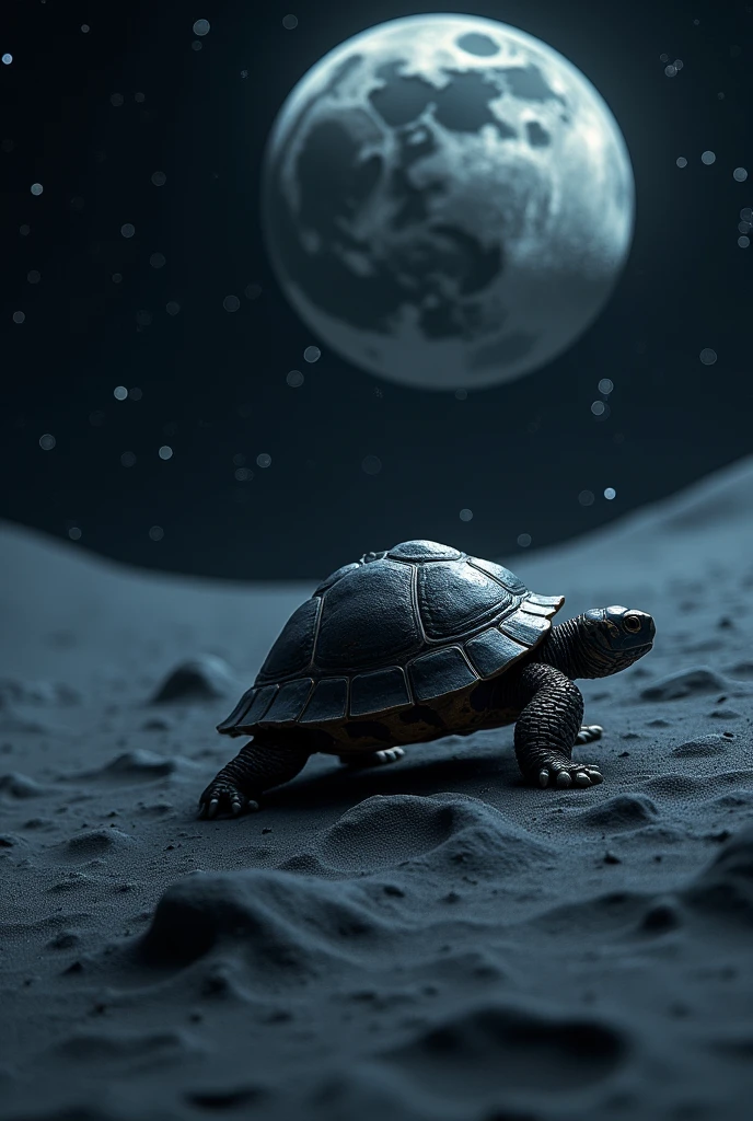 A turtle walking in space towards the moon leaving footprints