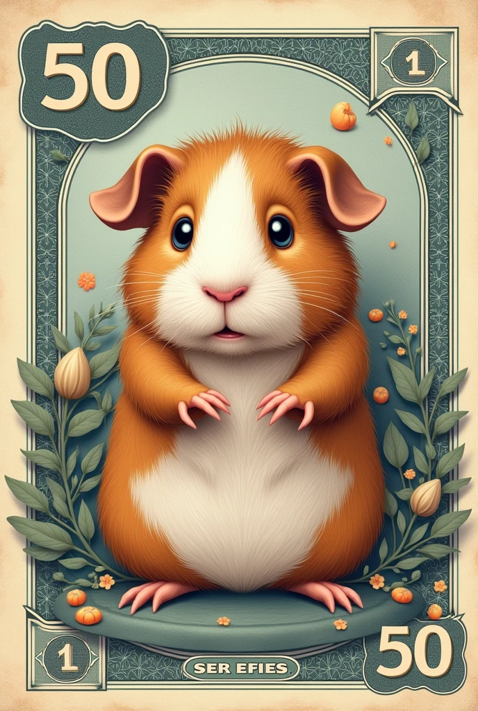CREATE A 50-DENOMINATION MONEY BILL WITH A GUINEA PIG IN THE CENTER
