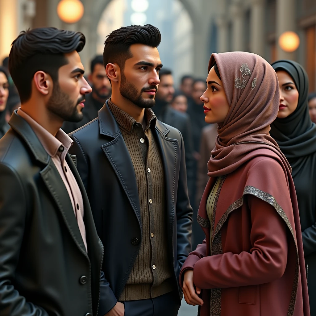 ((3 men wear jacket), (3 women wear hijab)), extreme detail, masterpiece, 4k, gaming character, 3D character, proportional