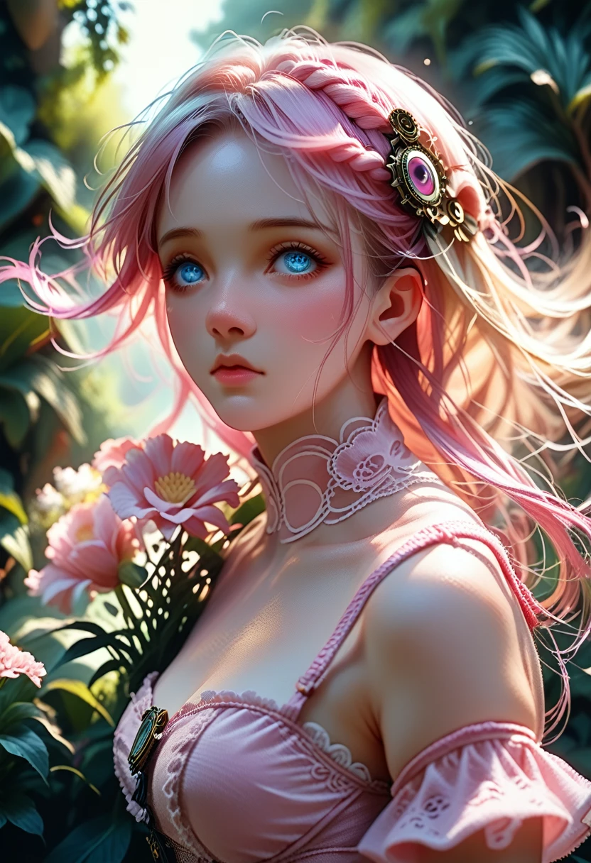 Best quality, masterpiece, upper body, woman, Blonde hair blowing in the wind, Shining eyes, nude steampunk style, Thin clothing, pink clothes, pink hair