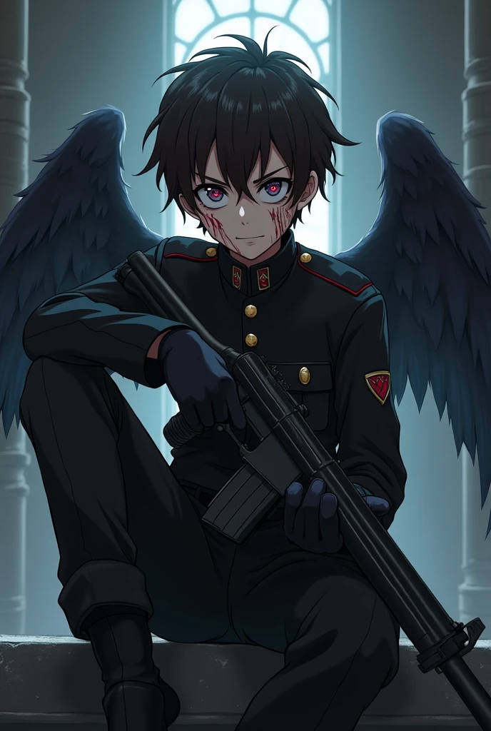 A 16 year old boy, dressed like a soldier but in a black uniform, with a soldier&#39;s weapon, with dark brown hair and dark blue eyes, look and smiling expression a little psychopathic, with blood stains on the face, with black gloves, anime style, He looks slightly annoyed but smiles with an air of superiority and his face is slightly shadowed., her pupils of eyes like red diamonds, Anime style the boy, that is in a dark, with angel wings, black tennis shoes with white, sitting on a stone wall with one leg down and the other raised