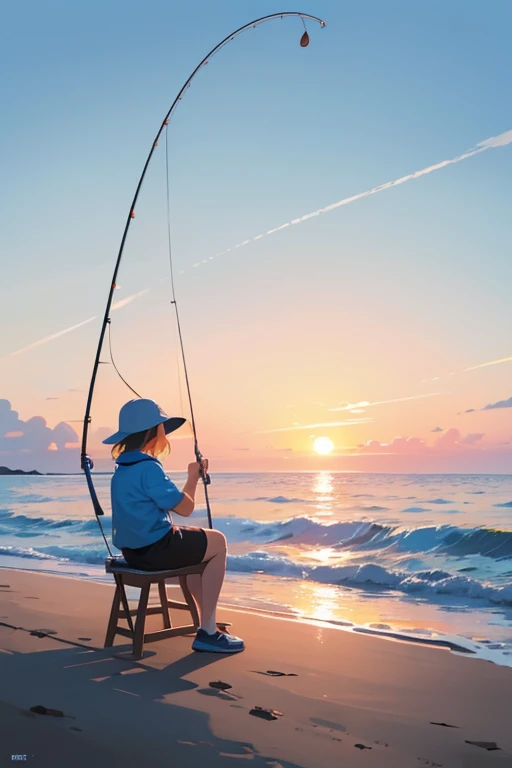 (minimalism pop art style), Fishing on the shore, A blue sea and sky, Angler relaxing in the sunset, Fish on the end of a fishing line