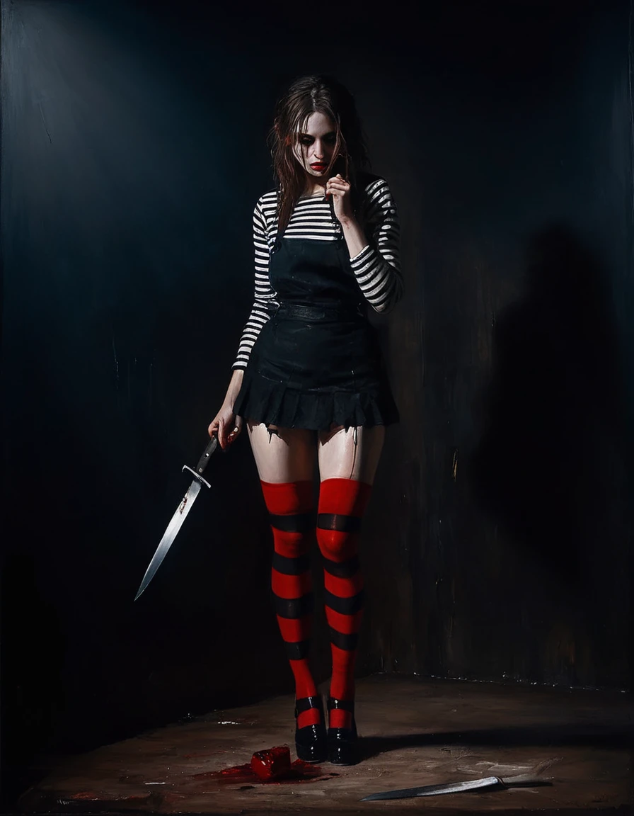 painting of a sinister tearful disheveled girl in striped red black stockings, holding a knife in her hand, standing in front of a target, full length, dynamic pose, dark atmosphere, cinematic scene, volumetric lights, ultra realistic, in the style of nicola samori