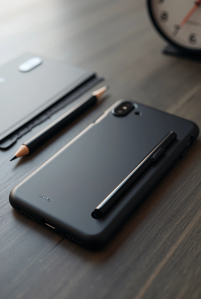 A phone case that can hold a pen, eraser, ruler.  A pencil can come out.